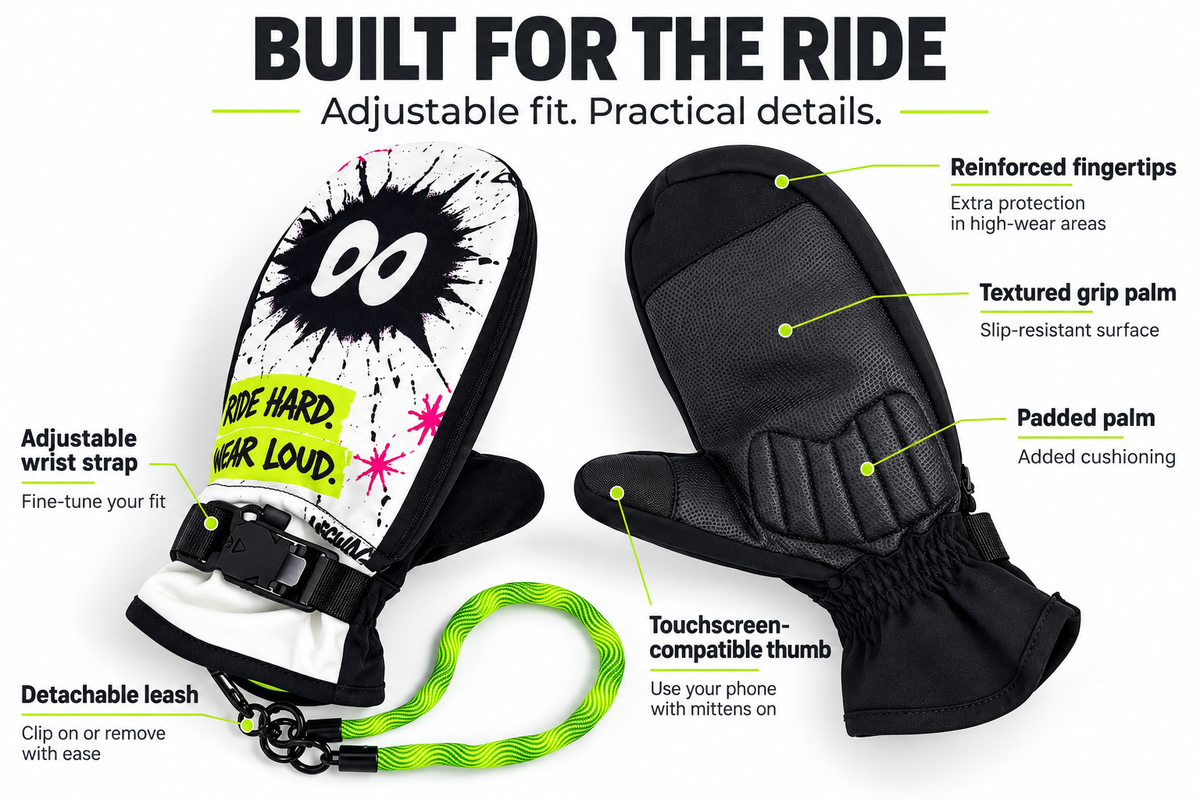 Adjustable fit, detachable leash, reinforced fingertips, textured grip, palm padding and touchscreen-compatible thumb.